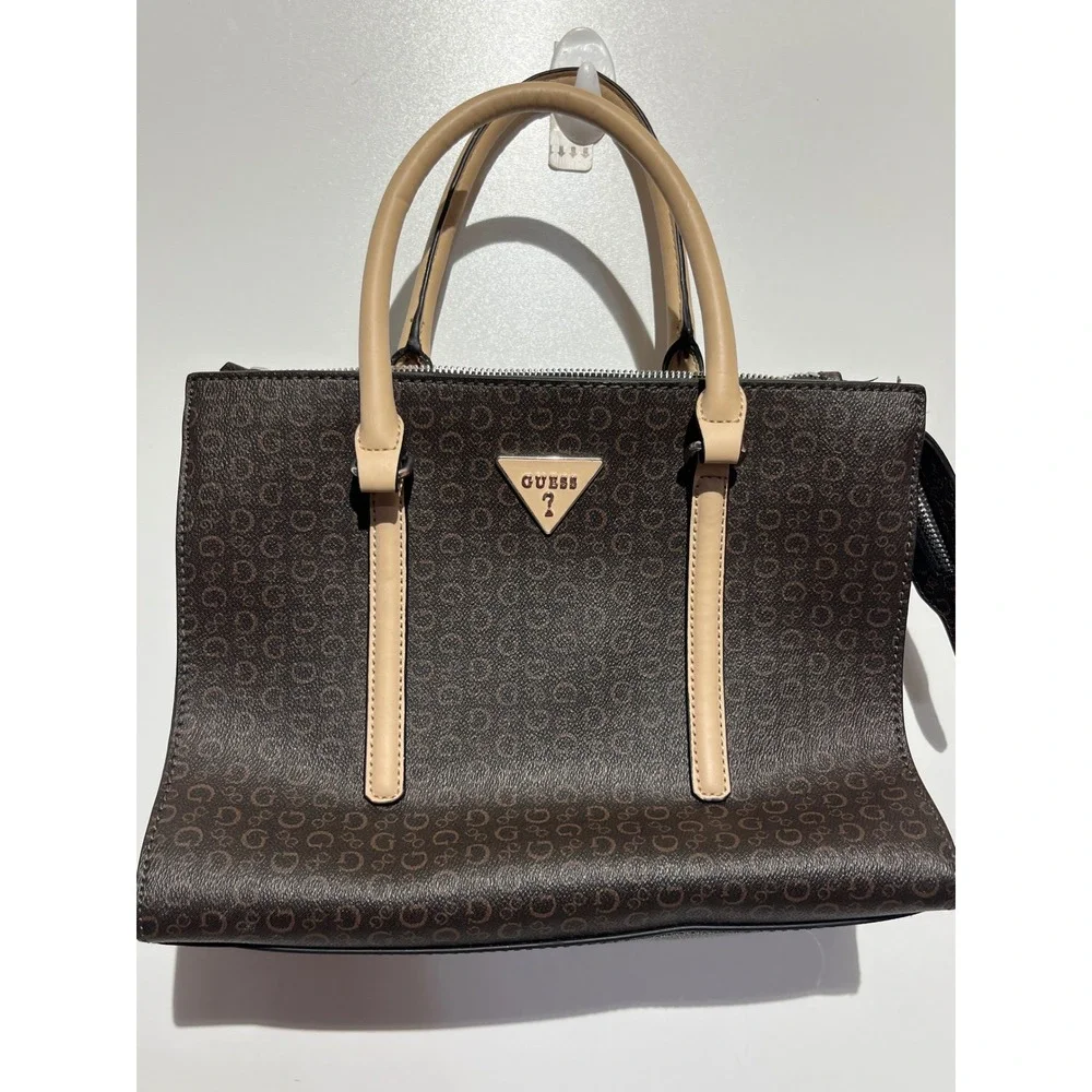 GUESS Brown Monogram Logo Satchel Handbag Tan Handles Structured‎ Zip Top Bag